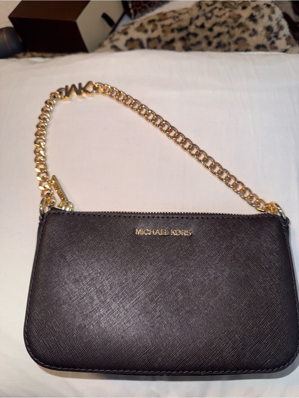 Michael Kors Black Mini Saffiano Crossbody with Gold Chain